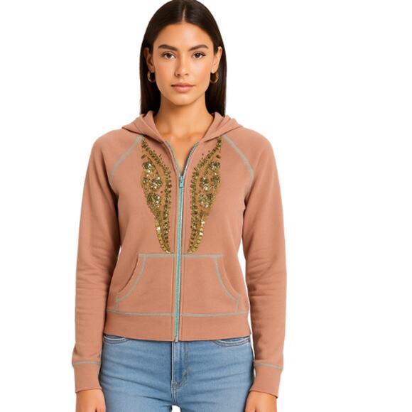 Free People Vintage Embellished Zip Front Hoodie in Tan – EUC Size Small - Picture 1 of 5